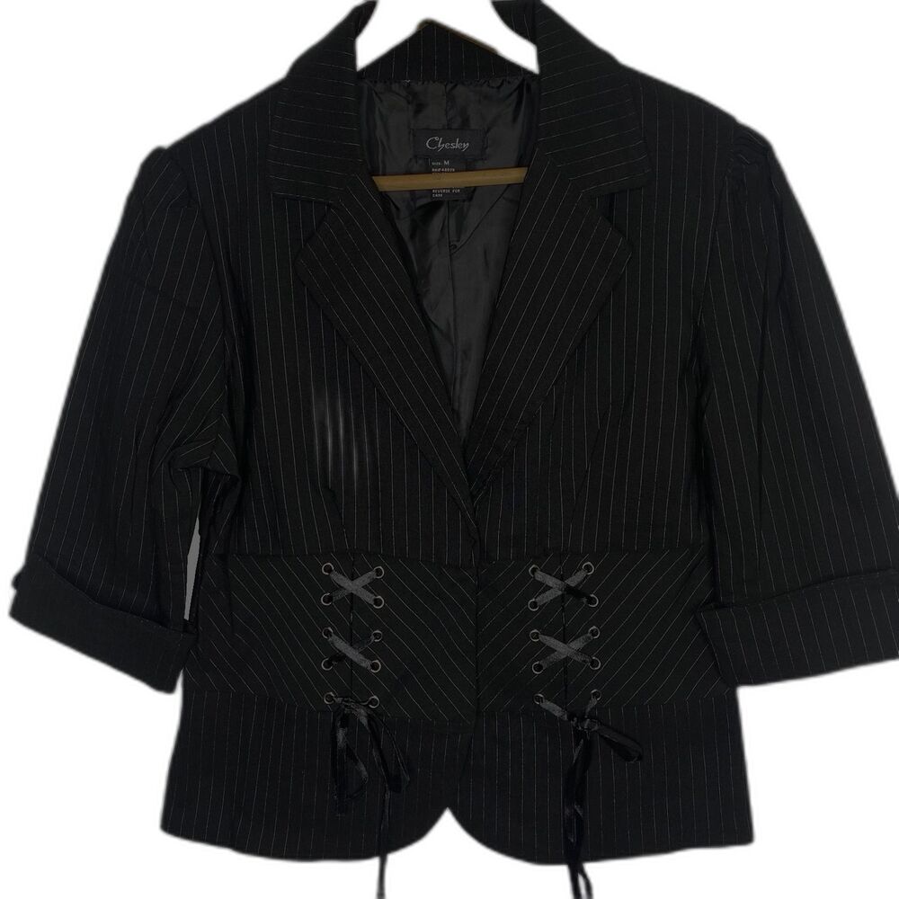 Vintage CHESLEY Top Blouse Corset Lace Up Stripe Academia Goth Womens M Black
